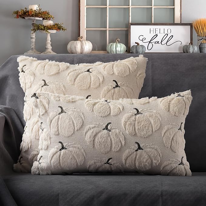 Fall Pumpkins Decorative Pillow Covers 20x20 Set of 2, Beige Soft Plush Faux Fur Wool Farmhouse Throw Cushion Cases for Autumn Thanksgiving Holiday Home Decorations