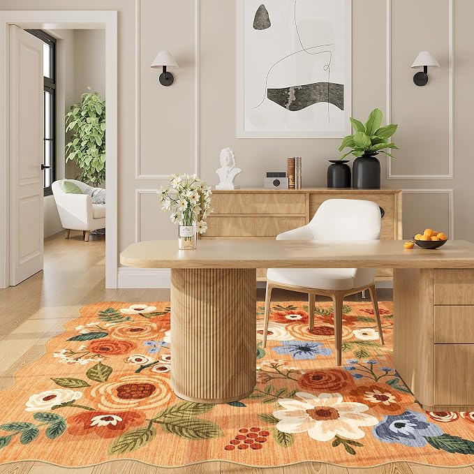 DUKINO 4x6 Area Rug, Non Slip Floral Washable Rug for Living Room, Orange | Low Pile, Stain Resistant, Soft Throw Rugs for Bedroom, Office, Dining Room, Nursery, Pet Friendly, Home Decor, Lightweight