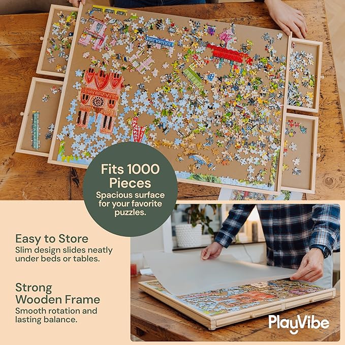 PlayVibe 1000 Piece Puzzle Board with Drawers and Cover - Portable Wooden Jigsaw Puzzle Tray with Drawers, Solve Station & Sturdy Table, Cozy Indoor Game Night