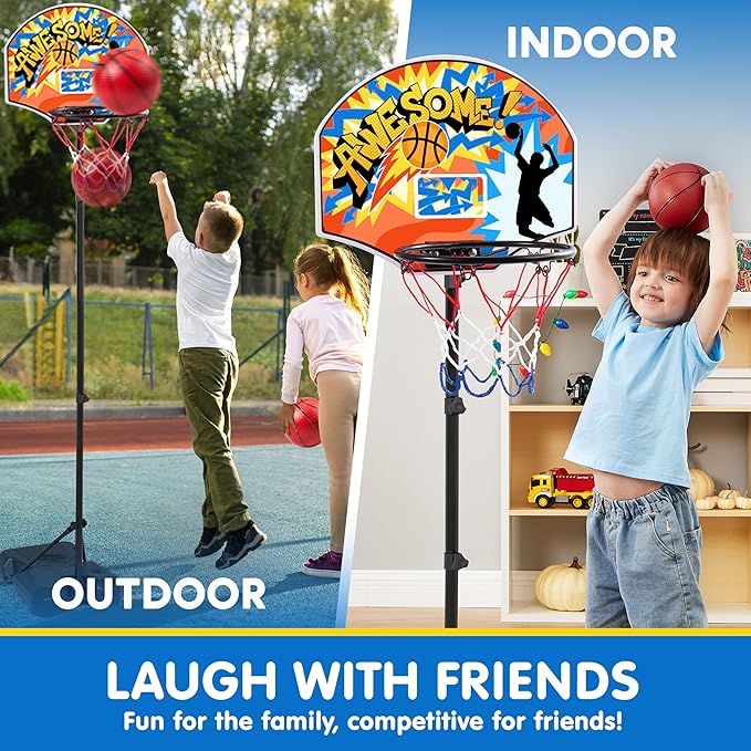 JOYIN Kids Basketball Hoop, Adjustable Height 2.8 ft-6.2 ft Toddler Basketball Hoop for Kids Indoor Outdoor Play Portable Basket Ball for Boys Girls Age 3 4 5 6 7 8 Gift