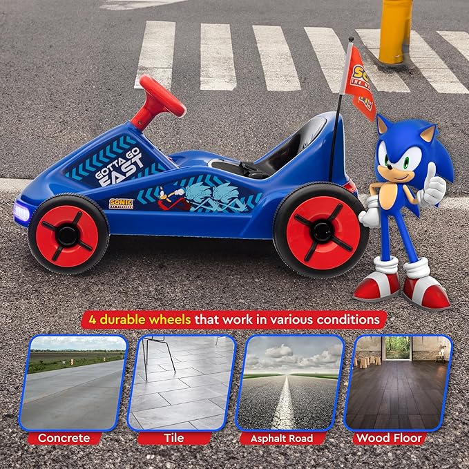 Sonic The Hedgehog 6V Electric Go Kart for Kids, Electric Ride-On Toy with Lights, MP3 Jack, Remote Control, Seat Belt, Ages 3-6, Durable PVC and Iron Construction, Rechargeable Battery