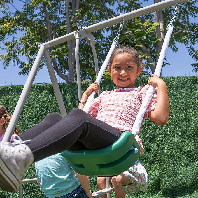 The Swing Company 600LBS Yonkers Metal Swing Set, Outdoor Backyard Playset Kids Aged 3-8 with 2 Swings, Glide Ride, Trapeze, 5ft Slide, Anchor Kit, 6ft Durable Steel Frame