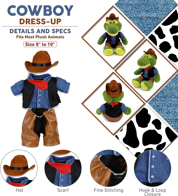 DolliBu Cowboy Stuffed Animal Dress Up Set - Western-Themed Outfit with Hat, Jeans, Vested Shirt, Bandana Cowboy Costume - Pretend Play Clothes for Teddy Bears - Large for 8 to 10 Inch Plush Toys