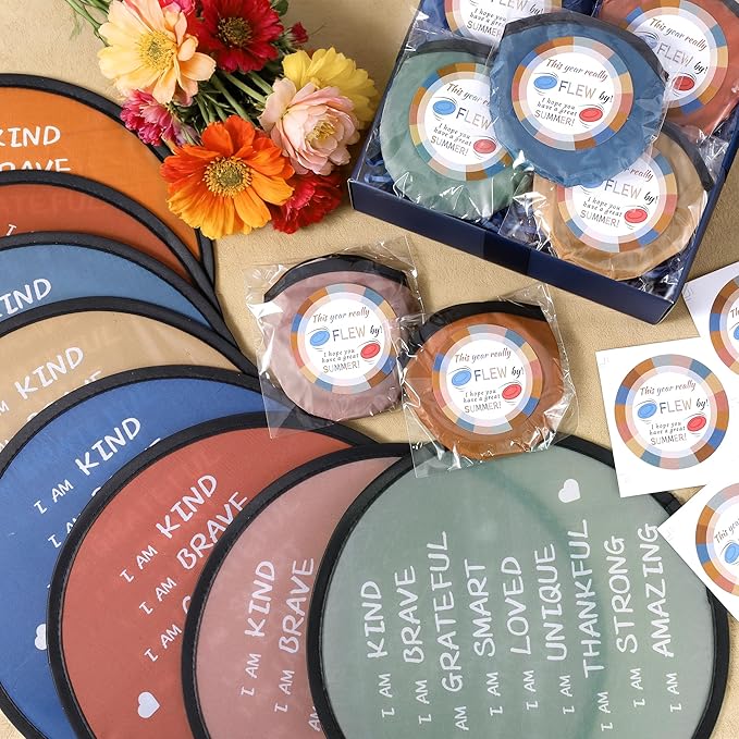 End of the Year Gifts for Students Bulk Foldable Flying Disc Fans Set with Stickers Bags, End of Year Student Gifts from Teacher Beach Fun Folding Pocket Hand Fans for Outdoor Activities Games