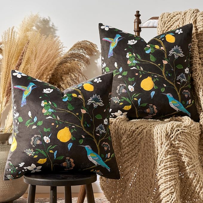 MUSSEL Brown Floral Vintage Decorative Pillow Covers 18x18 Set of 2 | Soft Velvet,Wild Flower Plant,Throw Pillows Case,Square,Colorful Farmhouse Cushion Covers,Home Sofa Bed Couch Decor