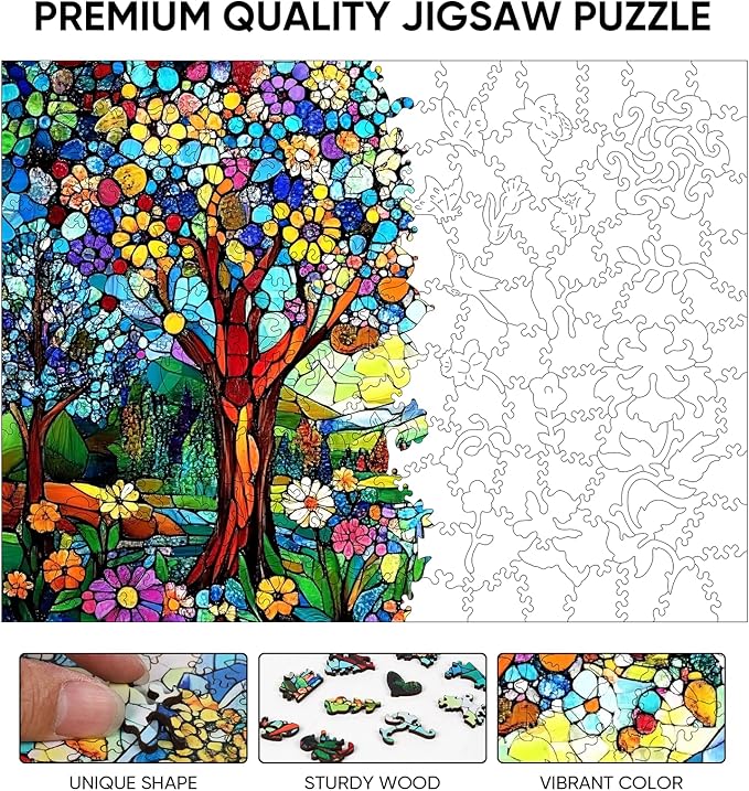 Ixfyloop Stained Glass Wooden Puzzles for Adults 500 Pieces, Colorful Tree of Life Jigsaw Puzzles, Best Creative Gifts for Puzzle Lovers, Family Brain Game 14.2x18.9 inch