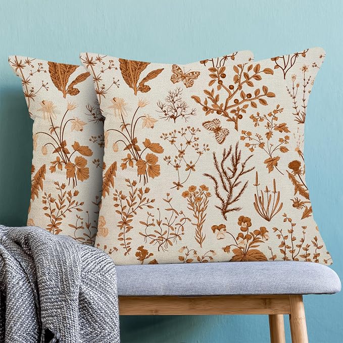 AEIOAE Fall Pillow Covers 22x22 Inch Set of 2,Burnt Orange Wild Flower Plant Throw Pillows Case,Seasonal Floral Outdoor Decorative Square Linen Farmhouse Decor Cushion Covers for Home Sofa Bed Couch