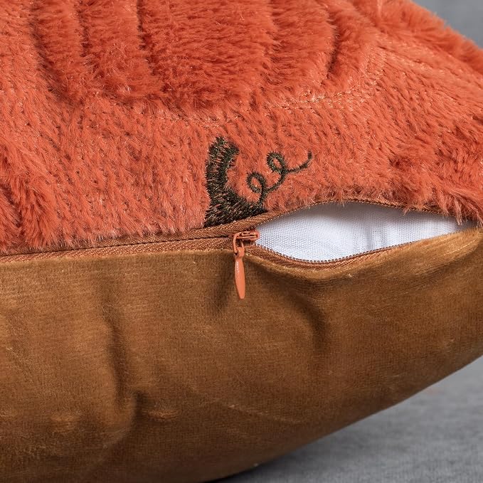 Fall Pumpkin Decorative Pillow Covers 18x18 Set of 2, Dark Rust Red Soft Plush Faux Fur Wool Farmhouse Throw Cushion Cases for Autumn Thanksgiving Holiday Home Decorations