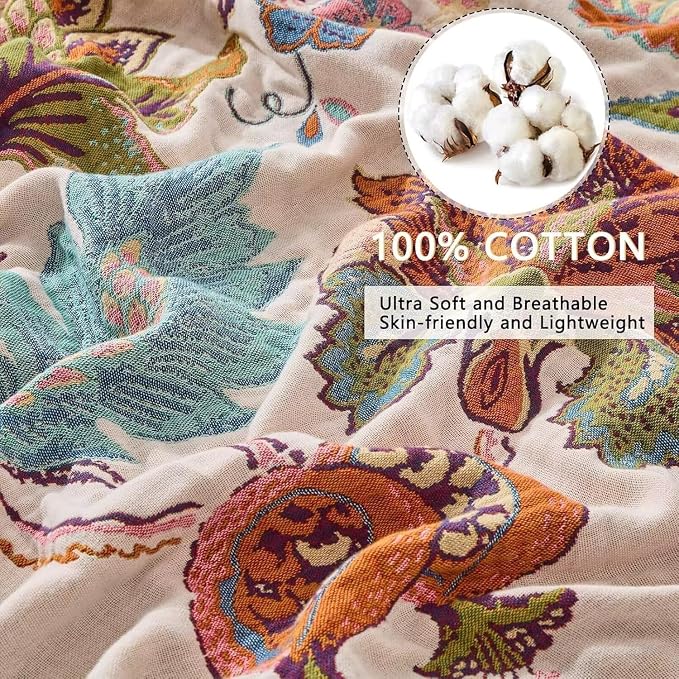 Boho Throw Blanket Farmhouse Decor Throw Blanket Bohemian Blanket for Bed 100% Cotton Muslin Woven Couch Blanket All Seasons Quilt Bedroom (B-Beige, 80"x90")