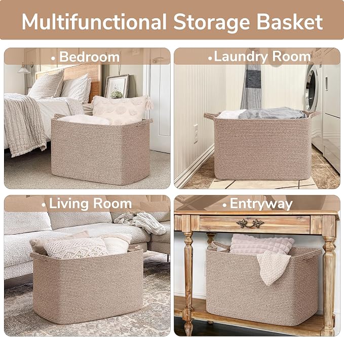 Goodpick 105L Extra Large Woven Rope Blanket Basket, Rectangle, Brown | 25'' x 16'' x 16'' Storage Basket for Blankets, Clothes & Pillows, Living Room & Bedroom Organization, Reinforced Handles