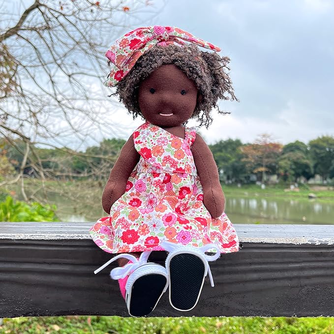 Handmade Birthday Present for Girl Black Doll Waldorf Collect Rag Doll with Exquisite Box-Dezi 12"