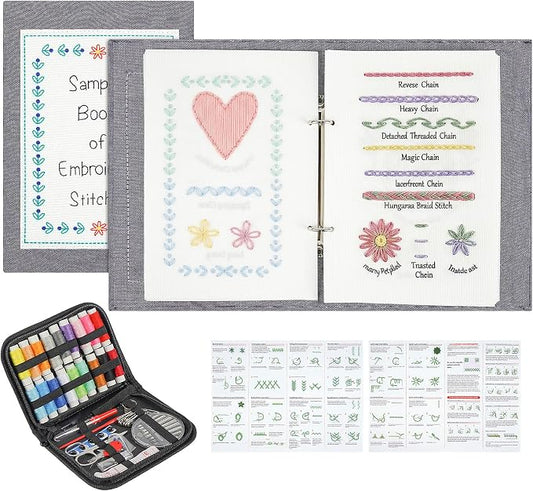 ilauke Upgraded Embroidery Stitch Book Loose-Leaf 7x8 inch, Embroidery Kit for Beginner Adults 106 Patterns, DIY Sewing Books Kit with Supplies & Tutorials, Easy to Practice