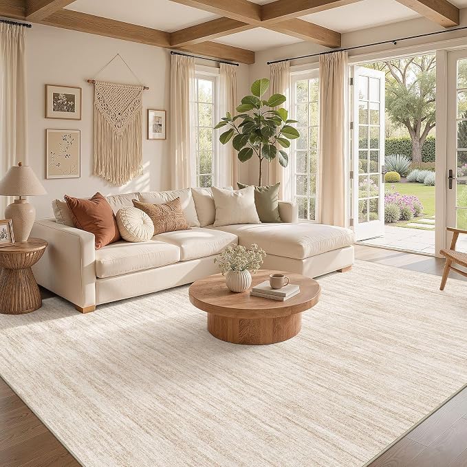 Nakagishi 7X9 Area Rugs Living Room: Washable Large Vintage Rug Neutral Non-Slip Soft Stain Resistant Indoor Carpet for Bedroom Nursery Dining Room Office Playroom - Beige