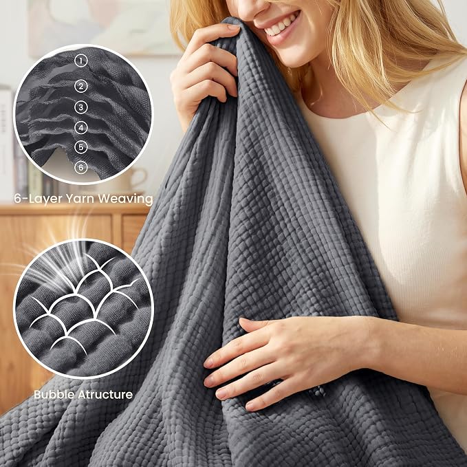 Love's cabin 100% Cotton Muslin Blanket, 6 Layer Lightweight Breathable Gauze Twin Size Blanket 60 x 80 Inches, Soft Summer Blanket for Bed or Couch, Dark Grey