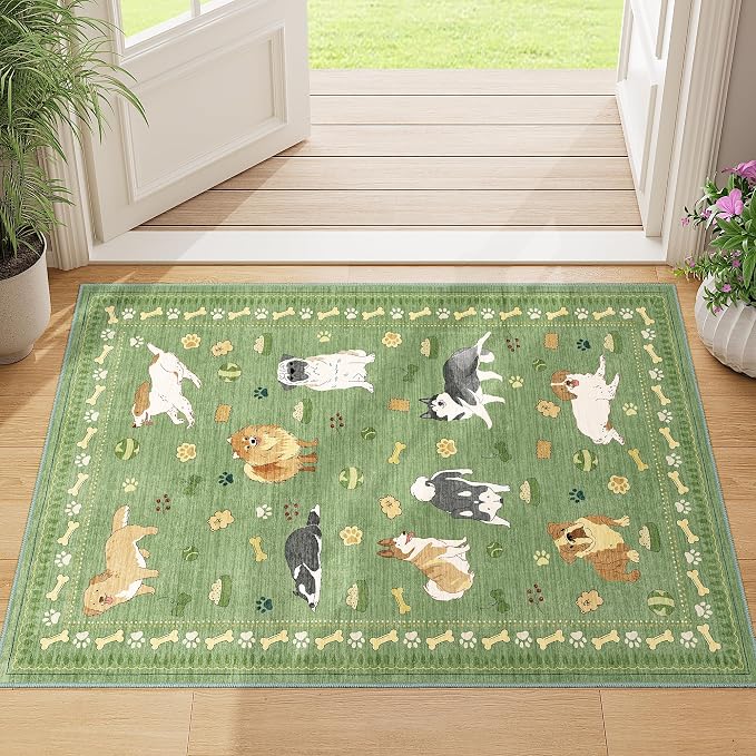 DUKINO 2x3 Bathroom Rugs, Washable Dog Kitchen Rug Non Slip, Green | Low Pile, Stain Resistant Soft Indoor Door Mat, Small Front Door Animal Throw Carpet for Entryway Bedroom Farmhouse Kids Room