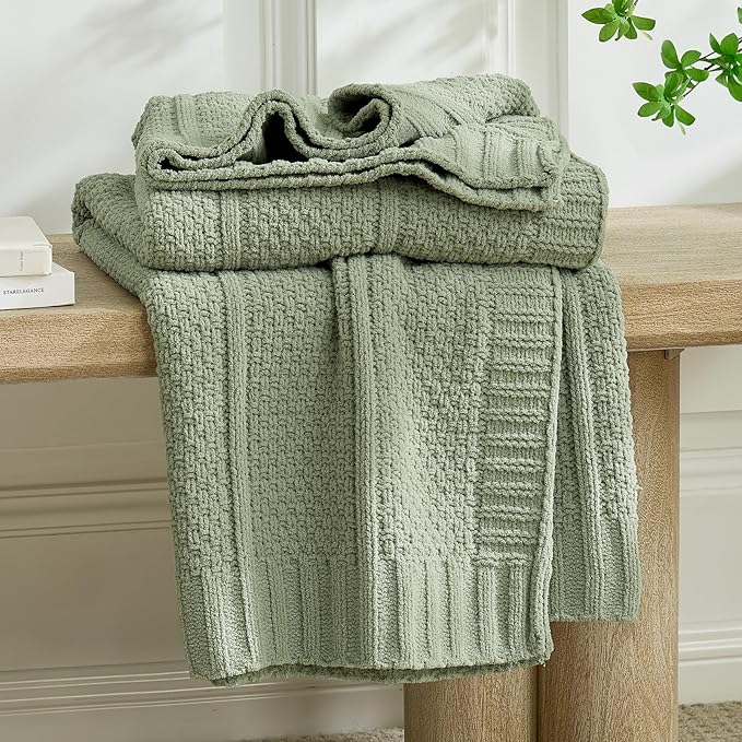 Amélie Home Premium Chenille Throw Blanket, Soft Cozy Moss Stitch Knit Blanket for Couch, Sofa, Chair, Home Decor, Sage Green 50"x60"