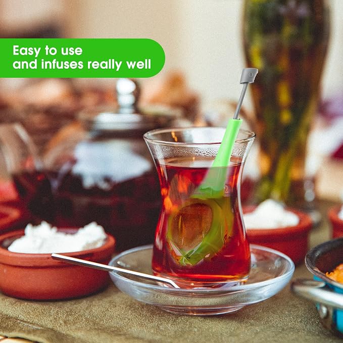 3 Pieces Long-Handled Tea Filters Plastic Tea Infuser Fime Mesh with Built-in plunger Reusable Two Sides Strainers for Loose Tea/Coffee/Tea Bag/Herbal/Spice Portable Teaware Accessories, Green