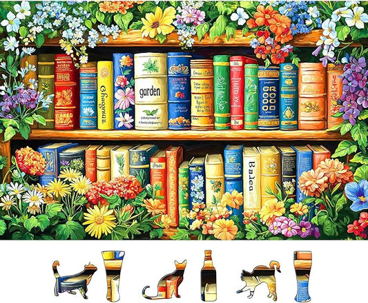 500 Piece Jigsaw Puzzle for Adults - Botanical Bookshelf: Flower-Covered Books, Wildflower Vines & Unique Cat-Shaped Pieces, Garden Art Puzzle, Challenging Hard Difficult Puzzles for Adults