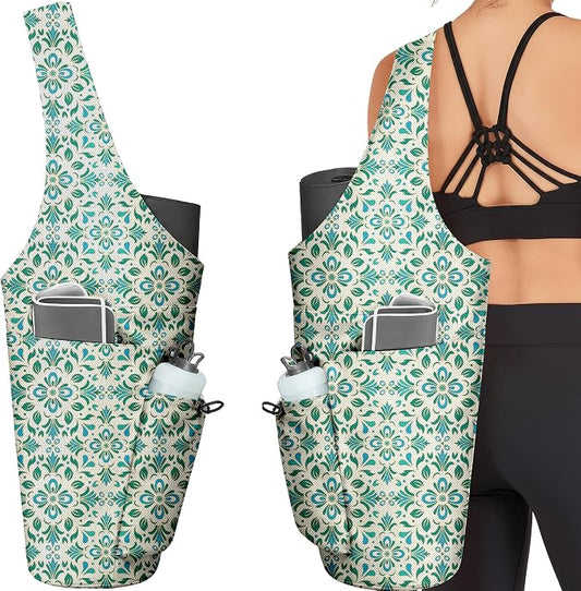 Yoga Bag for Women, Large Yoga Mat Bag Tote Carrier with Wet Dry Pocket, Water Bottle Holder & Adjustable Strap, Fits 1/2" Thick Yoga Mat for Gym, Pilates, Travel, Work