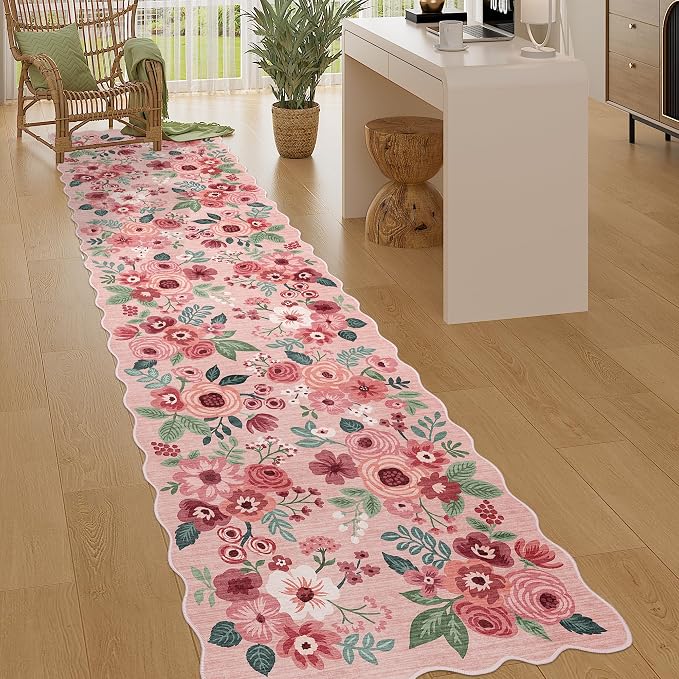 DUKINO 2.6x10 Runner Rug for Hallway, Floral Washable Rug Non Slip, Pink | Soft, Low Pile, Lightweight Indoor Throw Rug Runner for Entryway, Bedroom, Bathroom, Laundry, Pet Friendly, Modern Home Decor