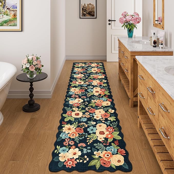 DUKINO 2x8 Washable Runner Rug, Floral Non Slip Kitchen Rugs, Navy Blue | Low Pile, Soft Throw Rug Runner for Hallway, Entryway, Bedroom, Bathroom, Pet Friendly, Stain Resistant, Home Decor