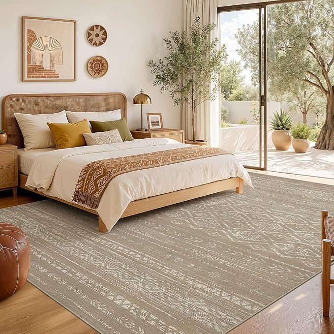 Nakagishi Area Rug Living Room Rugs: 10x12 Large Soft Machine Washable Boho Moroccan FarmNeutral Stain Resistant Indoor Floor Carpet for Bedroom Under Dining Table Home Office Decor-Dark Brown