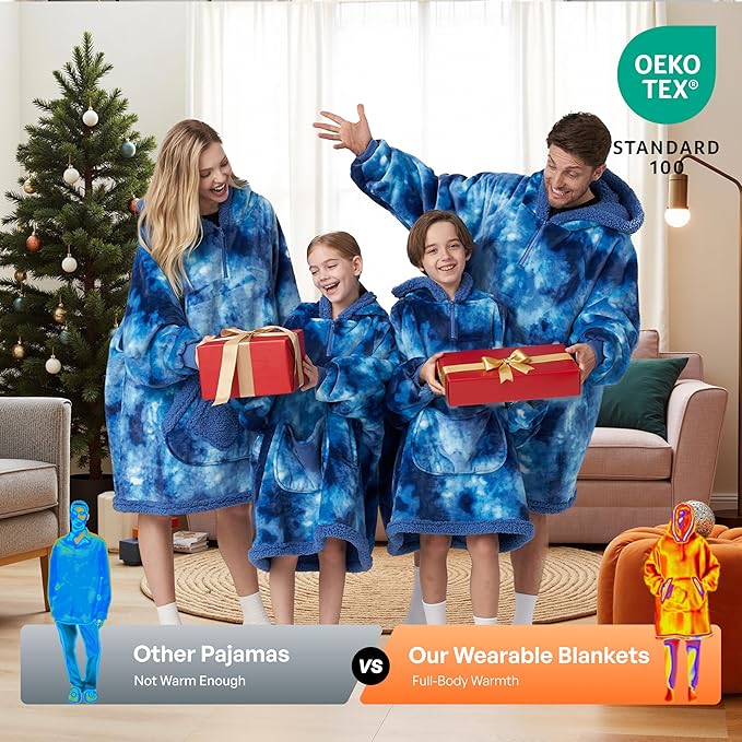 Giggling Getup Wearable Blanket Hoodie for Girls and Boys Warm Cozy Sherpa Fleece Hooded Blanket Sweatshirt Oversized Hoodie with Giant Pocket & Sleeves for Kids Dark Blue Tie Dye