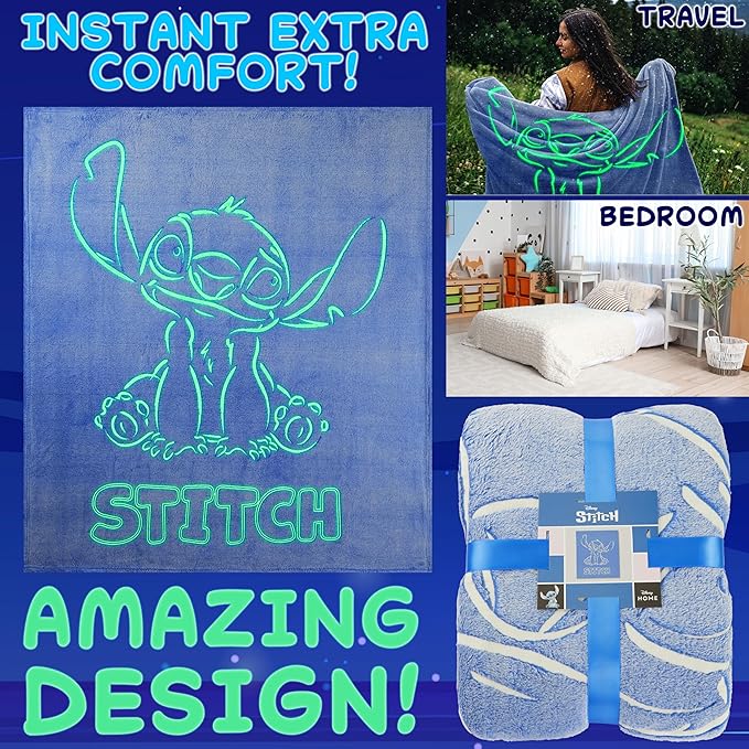 Disney Stitch Glow in The Dark Throw Blanket 51x59”, Soft Fleece Throw Blanket for Sofa Bed, Cozy Warm, Gifts for Kids, Teens, Adults (Blue Stitch)