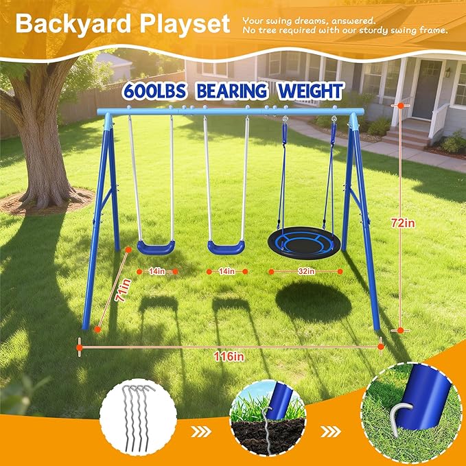 Heavy Duty Swing Set for Kids Ages 3-8 - 600 lbs Capacity Outdoor Metal A-Frame Playset, 3-in-1 Backyard Playground Equipment with 2 Blow Molded Belt Swings and 32" Saucer Swing