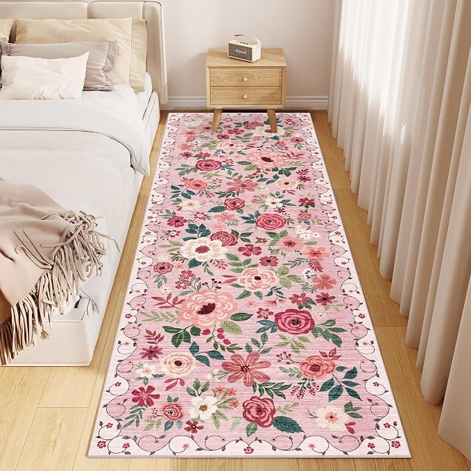 DUKINO 2.6x8 Runner Rug, Washable Runner Rug for Hallway Non Slip, Pink | Low Pile, Soft, Floral Indoor Rug for Kitchen, Entryway, Bedroom, Bathroom, Pet Friendly, Stain Resistant, Modern Home Decor