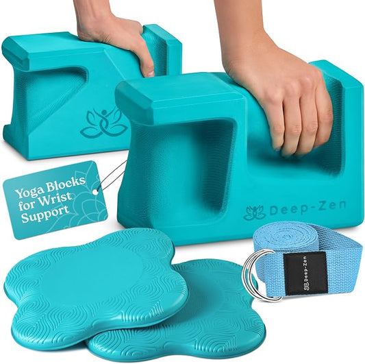 PRO Yoga Blocks | Ergonomic Yoga Block 2 Pack for Wrist Comfort and Support | EVA Foam Exercise Blocks, 2x Knee Pads & Yoga Strap | Pilates Block Set | Bricks to Eliminate Wrist Pain