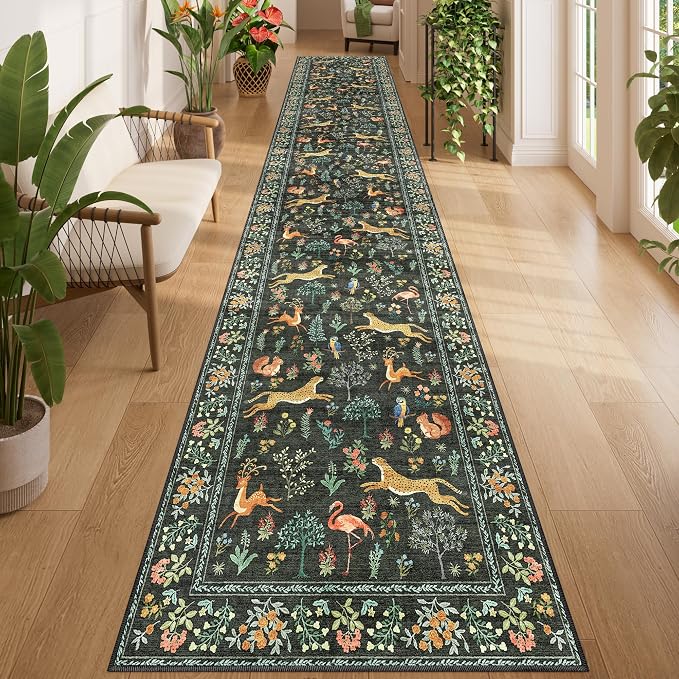 DUKINO 2x14 Runner Rug for Hallway, Soft Animal Washable Runner Rug, Black | Non Slip, Low Pile, Stain Resistant Indoor Long Carpet Runner for Kitchen, Entryway, Bedroom, Bathroom, Laundry, Pet Friendly