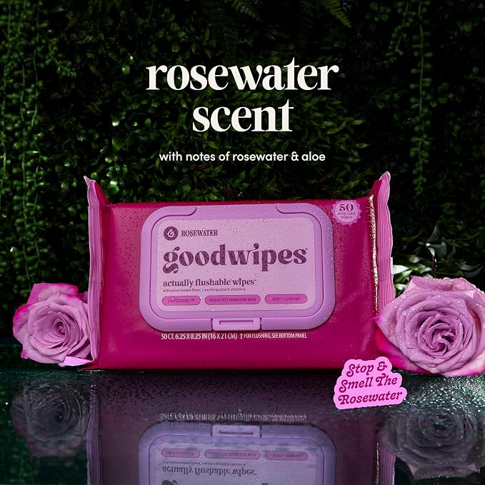 goodwipes Flushable Wipes Bulk Pack, Rosewater Adult Wet Wipes for Women & Men, Sewer & Septic Safe, Toilet & Bathroom Essentials, Extra Large, 418 Count (8 Packs and 1 Travel Pack)