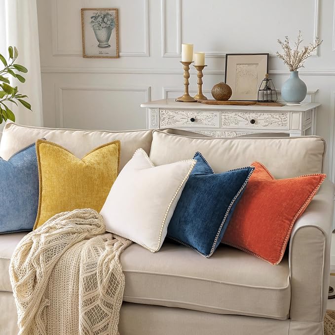 decorUhome Soft Chenille Throw Pillow Covers 24x24 Set of 2 Mineral Yellow | Fall Textured Decorative Throw Pillow Cases Stitched Edge Modern Farmhouse Luxury Boho Velvet for Couch Sofa Bed Home Decor