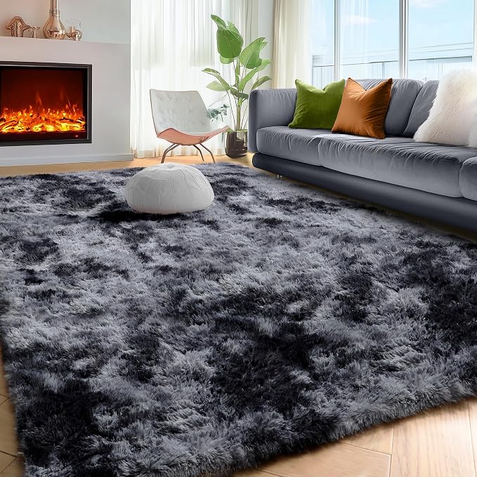 PAGISOFE Abstract Soft Shaggy Rugs for Living Room 5x8 Ft,Tie-Dyed Grey Fluffy Rugs for Kids Room Furry Carpets for Bedroom Room Decor Aesthetic Large Shag Carpet for Boys Girls Dorm Nursery