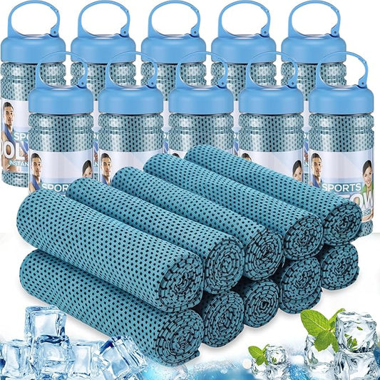 Honoson 10 Pcs Cooling Towels for Neck and Face, 47"x12" Sports Breathable Ice Towels Microfiber Chilly Sweat Rags with Portable Bottle for Gym Golf Athletes Yoga Workout Hot Weather (Light Blue)
