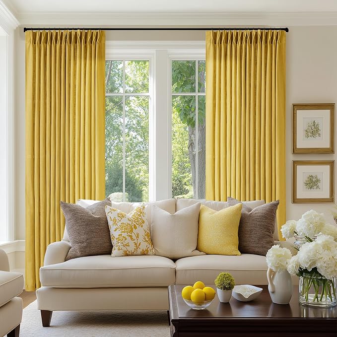 Mustard Yellow Pleated Semi Sheer Linen Curtains 120 Inches Long 2 Panel | Extra Long for Living Room Bedroom Ceiling Floor, Light Filtering, 400GSM Linen Fabric, Pinch Pleat Memory Shape Trained