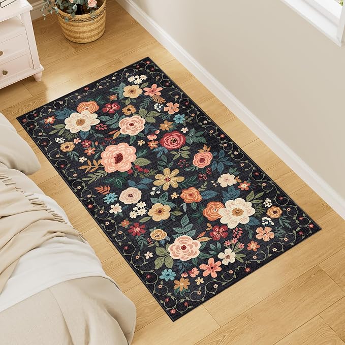 DUKINO 2x4 Entryway Rug, Floral Washable Kitchen Rugs Non Slip, Black | Low Pile, Soft Indoor Runner Rug for Hallway, Bedroom, Bathroom, Laundry, Pet Friendly, Modern Home Decor, Stain Resistant