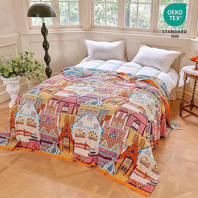 MSGKV Roman Castle Cotton Throw Blanket 50"x60" Art Woven Cotton Throw | Roman Castle Pattern, Muslin Throw, Art Woven Design, Lightweight Comfort, Decorative Home Accent, All Season Use