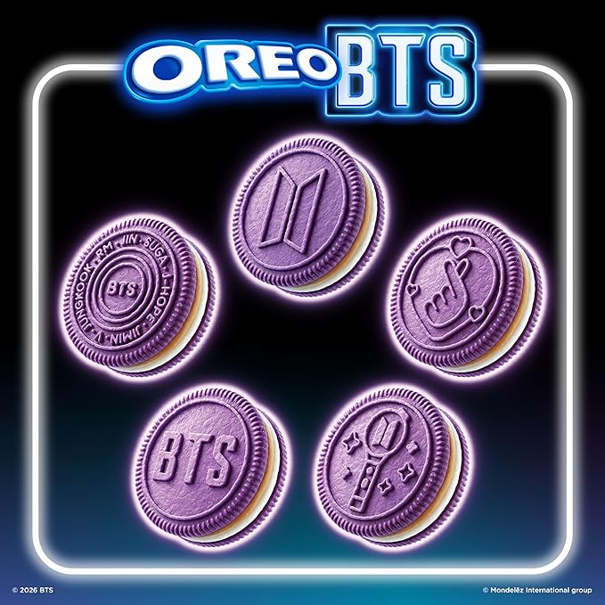 OREO BTS Sandwich Cookies, Limited Edition, 10.68 oz. | Brown Sugar Pancake Flavor Creme, Purple Wafer Cookies, 13 unique BTS-selected Designs