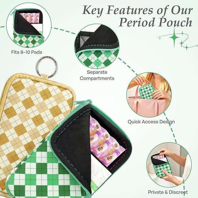 KJQJLY 2 Pack Portable Tampon Organizer Bag Tampon Holder & Storage Case with Zipper for Travel, Discreet Period Bag for Purse, Waterproof Feminine Products Pouch for Women (Yellow and Green Lattice)