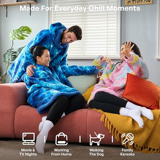 Giggling Getup Wearable Blanket Hoodie for Adults Gifts for Teen Girls Sister Women Sherpa Fleece Printed Hooded Blanket Sweatshirt Warm Cozy with Pocket & Sleeves Cotton Candy Tie Dye