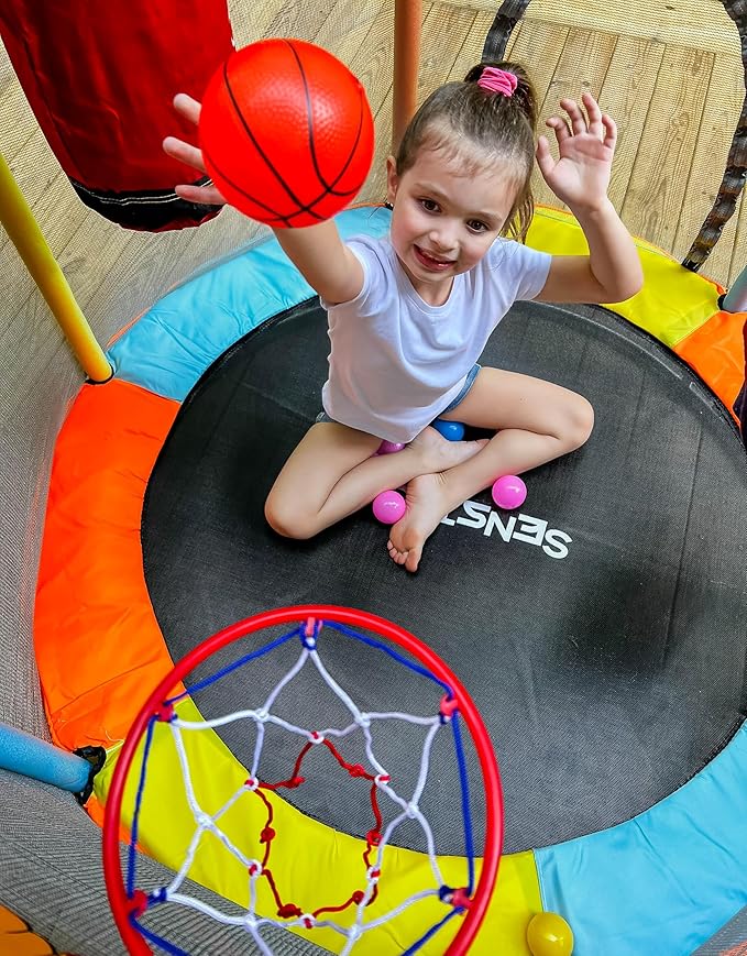 Trampoline for Kids with Safety Enclosure Indoor and Outdoor Toddler Trampoline for Kids Anti Rollover Round Base Double Safety Handles 440 lbs Capacity ASTM Tested Easy Assembly Gift