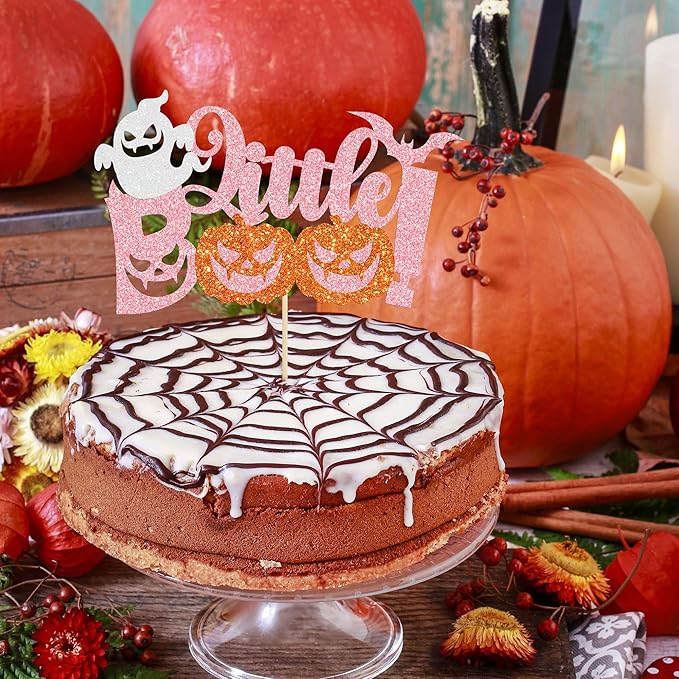 Gyufise 1Pc Little Boo Halloween Cake Topper Pink Glitter Pumpkin Ghost Halloween Baby Shower Cake Decorations for Halloween Theme Baby Shower Kids Birthday Party Supplies