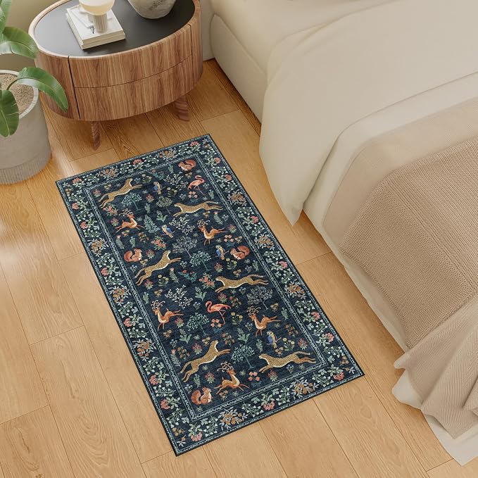 DUKINO 2x4 Rug for Entryway, Animal Washable Rug for Kitchen, Navy Blue | Non Slip, Low Pile, Stain Resistant Indoor Runner Rug for Hallway, Bedroom, Bathroom, Laundry, Pet Friendly, Non-Shedding