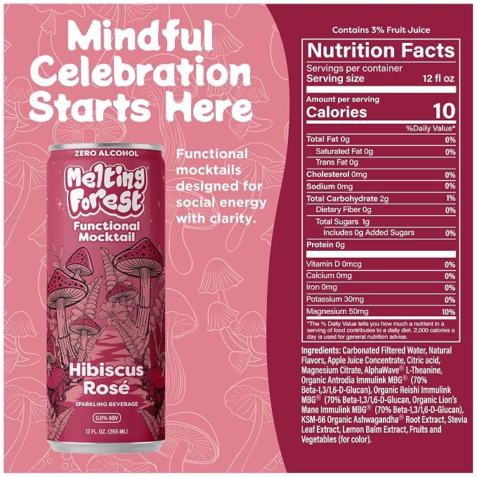 Melting Forest Functional Mocktail - 4 Variety Flavors - Alcohol-Free, Euphoric Adaptogen Drink with Reishi, Antrodia, Lion’s Mane, L-Theanine & Ashwagandha - 10 Calories, Vegan, Gluten-Free (16 Pack)