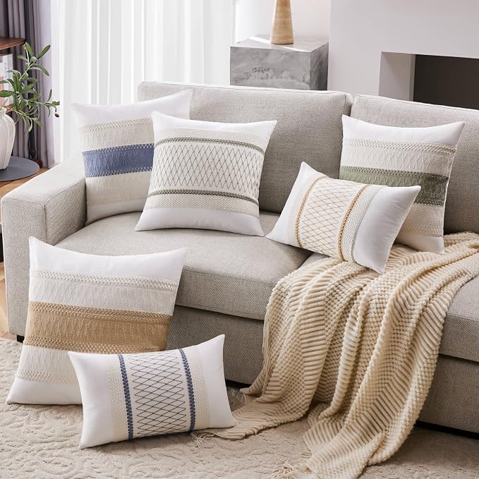 2pk Boho Pillow Covers 18x18, Natural White/Grid/Blue | 100% Organic Cotton Body, Stripe Embroidery, Farmhouse Decorative Cushion Covers for Sofa Bed Living Room Home Decor