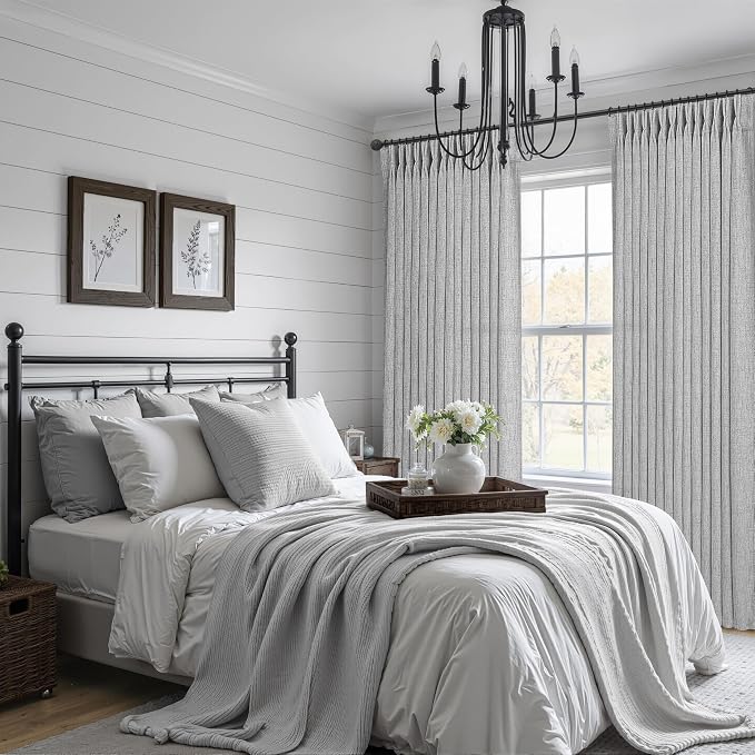 Pinch Pleat Extra Wide 70 Inch Curtains 96 Inches Long 2 Panels Set for Dining Room, Light Grey Memory Shape Natural Linen Light Filtering Windows Drapes Privacy Semi Sheer Country Curtain 8FT Length