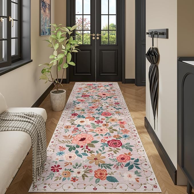 DUKINO 3x10 Runner Rug, Floral Washable Kitchen Runner Rug Non Slip, Beige | Soft, Low Pile, Stain Resistant Indoor Rug Runner for Hallway, Entryway, Bedroom, Bathroom, Modern Home Decor, Pet Friendly