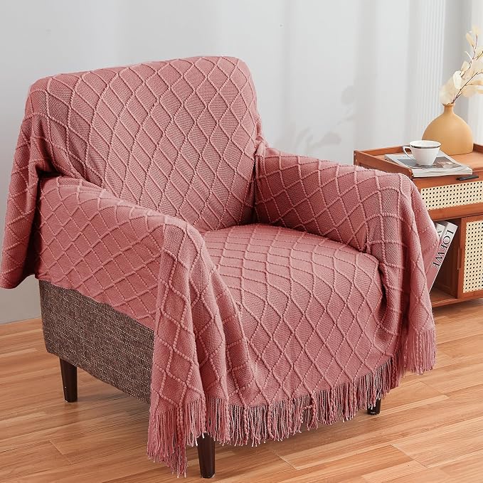 inhand Coral Pink Knitted Throw Blanket for Couch and Bed, 50"x60" | Gifts for Mom from Daughter Son, Soft Lightweight with Tassel, Farmhouse Warm Decorative Blanket for Women, Cozy Knit